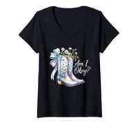 Femme Am I Okay Bottes Western Texas Cowgirl Coquette Bow Femme Fille T-Shirt avec Col en V