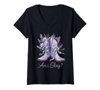 Femme Am I Okay Bottes western Texas Cowgirl Coquette Bow Femme Fille T-Shirt avec Col en V