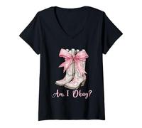 Femme Am I Okay Bottes western Texas Cowgirl Coquette Bow Femme Fille T-Shirt avec Col en V