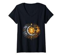 Femme Amant Spirituel Soleil Lune Harmonie Corps Céleste Univers T-Shirt avec Col en V