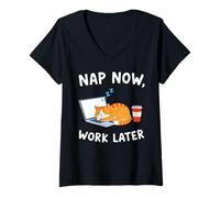 Femme Amateur de café pour Ordinateur Portable Nap Now Work Later Cat T-Shirt avec Col en V