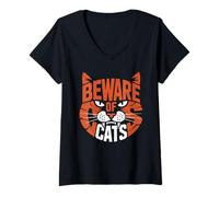 Femme Amateur de Chatons Graphiques avec Funny Cat Beware of Cats T-Shirt avec Col en V