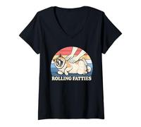 Femme Amateur de Chiens américain Akita Rolling Fatties Pun Joke T-Shirt avec Col en V