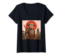 Femme Amateur de Chiens Ukiyo-e Japonais Vintage Pit Bull Samurai Warrior T-Shirt avec Col en V