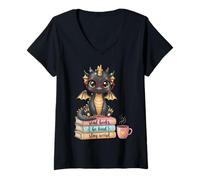 Femme Amateur de Livres Stay Weird Be Kind Read Books Baby Dragon T-Shirt avec Col en V