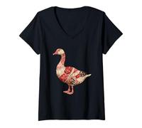 Femme Amateur de Quilting Rustique Country Patchwork Goose T-Shirt avec Col en V