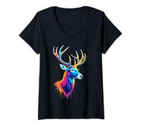 Femme Amateurs de Cerfs, Pop Art coloré, Beau cerf T-Shirt avec Col en V
