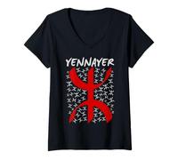 Femme Amazigh Berbère Kabyle Symbole Yaz Tifinagh Tattoo Tradition T-Shirt avec Col en V