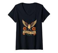 Femme Amazing Grace - Hymne chrétien - Fleurs d'oiseaux Hirondelles T-Shirt avec Col en V