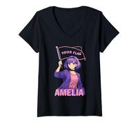 Femme Amelia Anime Style Violet Goth Girl Esthétique Nom Design T-Shirt avec Col en V