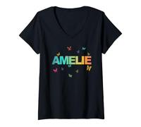 Femme Amelie - Un Beau nom avec des Papillons. T-Shirt avec Col en V