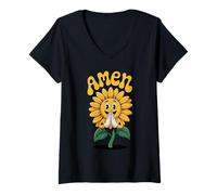 Femme Amen - Tournesol priant Vintage Foi chrétienne T-Shirt avec Col en V