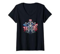 Femme America Flag Uncle Sam Motorcycle Riding US Skeleton T-Shirt avec Col en V