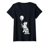 Femme Américain-Shorthair Animal Chat Face Motif Ballon Art T-Shirt avec Col en V