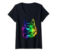 Femme American Akita DJ Casque audio rétro pour amoureux des chiens T-Shirt avec Col en V
