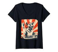 Femme American Akita DJ House Music, amateur de chiens rétro T-Shirt avec Col en V