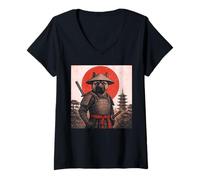 Femme American Akita Samurai Warrior, Chien Ukiyo-e Japonais Vintage T-Shirt avec Col en V