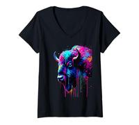 Femme American Bison Color Pop Art Belle amatrice de bisons américains T-Shirt avec Col en V
