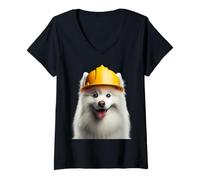 Femme American Eskimo Dog Casque de chantier Jaune T-Shirt avec Col en V