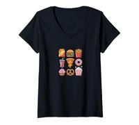 Femme American Fast Food Snacks Cafe Piza Cupcake Popcorn T-Shirt avec Col en V