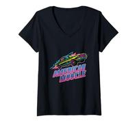 Femme American Muscle Car Vintage Années 80 Synthwave Géométrique Rétro T-Shirt avec Col en V
