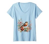 Femme American Robin Vintage Floral Automne Oiseau T-Shirt avec Col en V