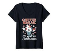 Femme Americana Coffee Break Time Mascotte Vintage années 50 T-Shirt avec Col en V