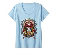 Femme Amérindien Chef Crâne Coiffe Bonnet de Guerre Mythologie T-Shirt avec Col en V