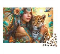 Femme Amérindienne Léopard Premium Puzzle 1000 Pièces pour Adultes Dame Amérindienne avec Léopard au Milieu de Fleurs Sauvages en Floraison Épais Haute Qualité Défiant Anti-Stress Jeu 38x26cm/1000pcs
