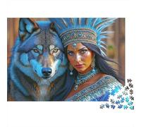 Femme Amérindienne Loup Familial Puzzle 1000 Pièces pour Adultes Dame Tribale Debout à Côté d'un Loup Esprit Noble Premium Robuste Haute Qualité Défiant Anti-Stress 52x38cm/1000pcs