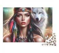 Femme Amérindienne Loup Puzzle Cadeau Anniversaire 1000 Pièces pour Adultes Jeune Fille Debout Doucement à Côté d'un Loup Blanc Fidèle Gardien Premium Robuste Défiant Anti-Stress 52x38cm/1000pcs