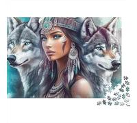 Femme Amérindienne Loup Puzzle Cadeau Vacances 1000 Pièces pour Adultes Chef Encadré de Loups Gris Sacrés Puissants Premium Robuste Haute Qualité Défiant Anti-Stress 38x26cm/1000pcs