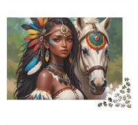 Femme Amérindienne Puzzle Difficile 1000 Pièces pour Adultes Jeune Fille Debout Gracieusement à Côté d'un Cheval Blanc Sacré Premium Robuste Haute Qualité Vibrant Anti-Stress Jeu 70x50cm/1000pcs