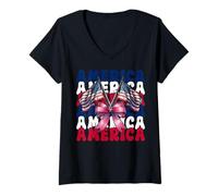 Femme Amérique 4 Juillet USA Drapeau américain Patriotique Fille Maman T-Shirt avec Col en V
