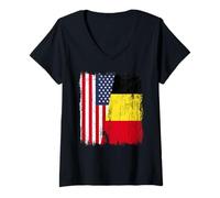 Femme Amérique Belgique Demi Drapeau Américain Belge Jersey T-Shirt avec Col en V