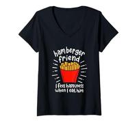 Femme Ami Hamberger Je ressens du Bonheur Quand Je Le Mange - T-Shirt avec Col en V