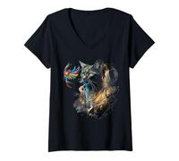 Femme Ami ou Ennemi ? Chat et Oiseau Design Buddies ou Ennemis ? T-Shirt avec Col en V