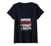 Femme Amore Pasta Vino e Basta - Humour Italien Nourriture T-Shirt avec Col en V