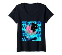 Femme Amour DE Chat Noir Mignon sur Bleu T-Shirt avec Col en V