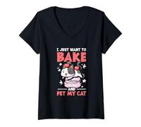 Femme Amoureuse de Chats drôle, Je Veux Juste Cuisiner et caresser Mon Chat T-Shirt avec Col en V