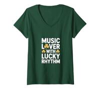 Femme Amoureux de Musique avec trèfle Irlandais Lucky Rhythm T-Shirt avec Col en V