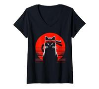 Femme Amoureux des Chats Japonais et Combats Cool Ninja Cat Fighter T-Shirt avec Col en V