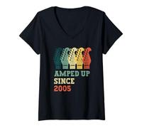 Femme Amped Up Since 2005 Guitare rétro Anniversaire Musique année de Naissance T-Shirt avec Col en V