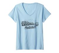Femme Amsterdam City Canal Bicycles Voyage Sketch Art T-Shirt avec Col en V