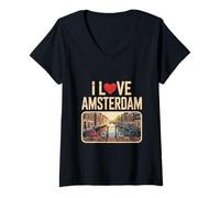 Femme Amsterdam Pays-Bas Hollande Sight I Love Amsterdam T-Shirt avec Col en V