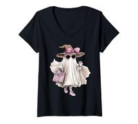 Femme Amusant Halloween Boujee Boo-JEE Spooky Season Cute Ghost T-Shirt avec Col en V