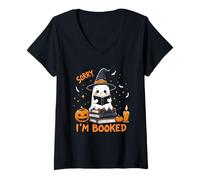 Femme Amusant Halloween Sorry I'm Booked Spooky Cute Ghost Reading T-Shirt avec Col en V