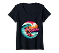 Femme Amusant Surf Sasquatch Hawaïen Coucher de Soleil rétro Tropical Vibes T-Shirt avec Col en V