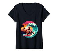 Femme Amusant Surf Sasquatch Hawaïen Coucher de Soleil rétro Tropical Vibes T-Shirt avec Col en V
