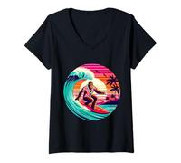 Femme Amusant Surf Sasquatch Hawaïen Coucher de Soleil rétro Tropical Vibes T-Shirt avec Col en V